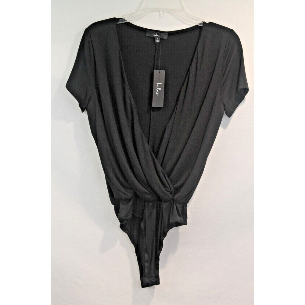Lulus Faux Wrap Bodysuit Womens size S Black Deep V-Neck Pullover Snap Closure